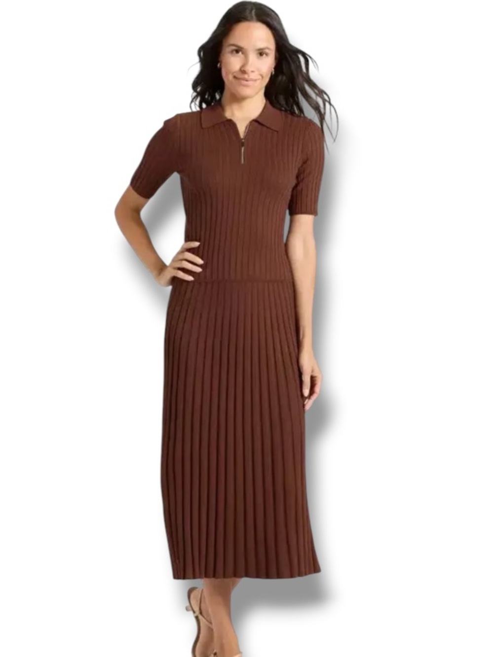 A New Day Women’s Brown 2-Piece Outfit Ribbed Skirt + Half Zip Pullover Sweater